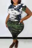 Army Green Casual Print Patchwork O Neck Pencil Skirt Plus Size Dresses