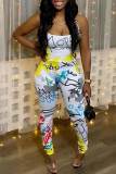 White Sexy Print Hollowed Out Graffiti Patchwork Halter Skinny Jumpsuits