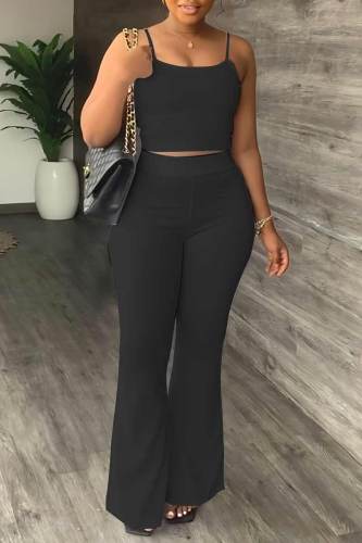 Black Casual Solid Patchwork Spaghetti Strap Sleeveless Two Pieces