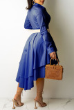 Deep Blue Solid Patchwork Buckle Asymmetrical Turndown Collar Irregular Dress Dresses(Without Belt)
