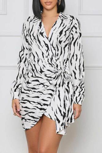 White Casual Print Bandage Patchwork Asymmetrical V Neck Irregular Dress Dresses