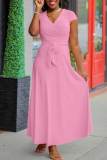 Pink Casual Solid Patchwork V Neck Straight Dresses