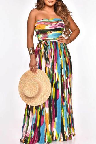Colour Casual Print Patchwork With Belt Strapless Straight Jumpsuits