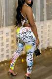 White Sexy Print Hollowed Out Graffiti Patchwork Halter Skinny Jumpsuits