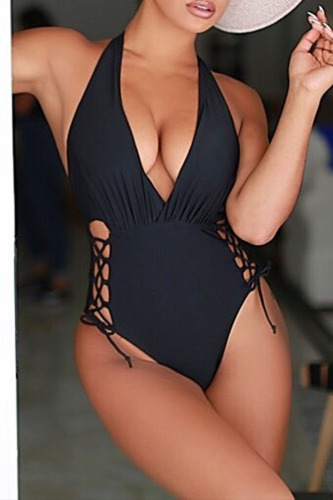 Black Fashion Sexy Solid Hollowed Out Backless Swimwears (Without Paddings)