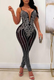 Apricot Fashion Sexy Patchwork Hot Drilling See-through Backless Spaghetti Strap Skinny Jumpsuits