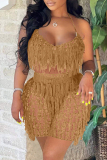 Khaki Sexy Solid Tassel Bandage Hollowed Out Backless Spaghetti Strap Sleeveless Two Pieces