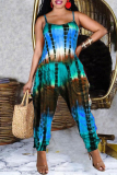 Yellow Fashion Casual Print Embroidery Backless Spaghetti Strap Regular Jumpsuits