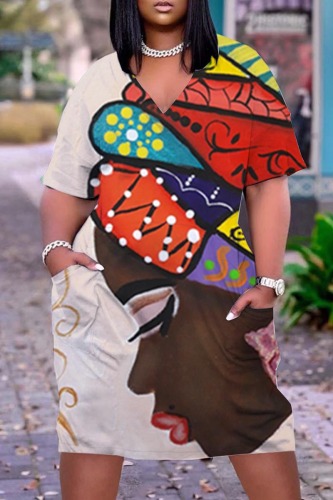 Cream White Casual Print Patchwork V Neck Straight Dresses