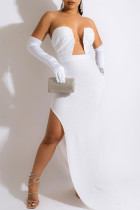 White Fashion Sexy Solid Backless Slit Strapless Evening Dress