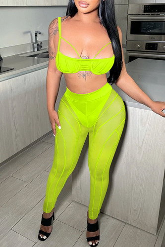 Fluorescent Green Fashion Sexy Solid Patchwork See-through Backless Spaghetti Strap Sleeveless Two Pieces