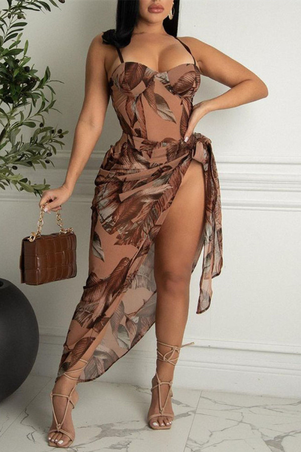 Brown Fashion Sexy Print Bandage Backless Swimwears (Without Paddings)