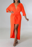 Orange Fashion Casual Solid Patchwork V Neck Irregular Dress