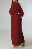 Burgundy Fashion Casual Solid Patchwork V Neck Irregular Dress