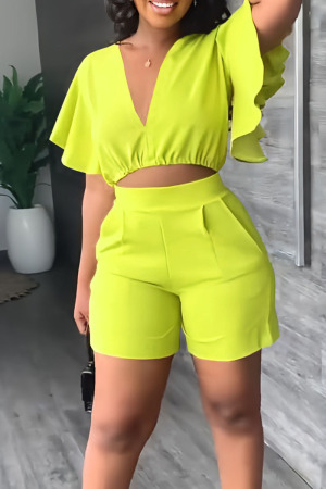 Fluorescent Yellow Casual Solid Patchwork Flounce V Neck Short Sleeve Two Pieces