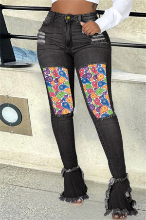 Black Fashion Casual Patchwork Print Ripped High Waist Boot Cut Denim Jeans