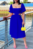 Blue Fashion Solid Hollowed Out Square Collar Cake Skirt Dresses