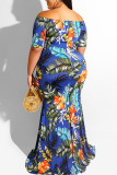 Green Casual Print Patchwork Off the Shoulder Straight Plus Size Dresses