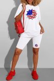 White Casual Print American Flag Patchwork O Neck Short Sleeve Two Pieces