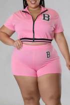 Pink Casual Print Patchwork Zipper Plus Size Two Pieces