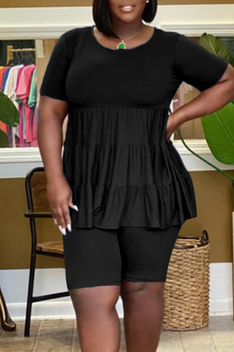 Black Casual Solid Patchwork Fold O Neck Plus Size Two Pieces