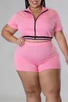Pink Casual Solid Patchwork Zipper Plus Size Two Pieces