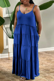 Blue Casual Solid Patchwork Pearl Spaghetti Strap Sling Dress Plus Size Dresses