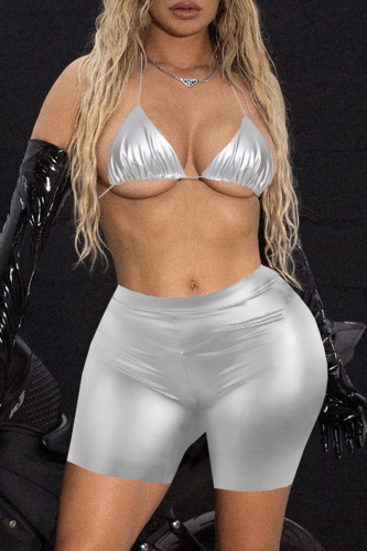 Silver Sexy Solid Patchwork Swimwears