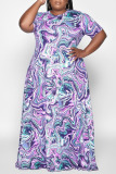Blue Casual Print Patchwork O Neck Straight Plus Size Dresses