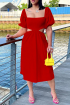 Red Fashion Solid Hollowed Out Square Collar Cake Skirt Dresses