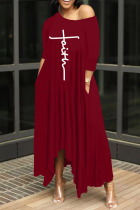 Burgundy Fashion Casual Print Basic Oblique Collar Irregular Dress