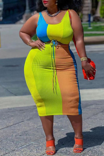 Fluorescent Green Casual Print Patchwork U Neck Plus Size Two Pieces