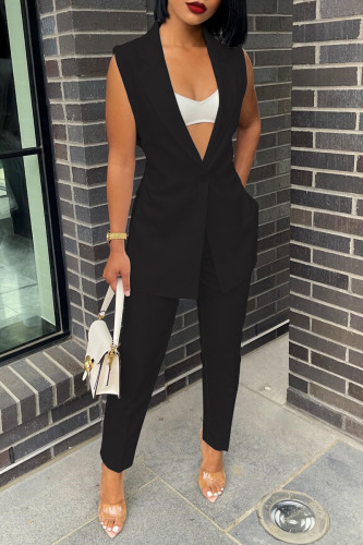Black Casual Solid Patchwork Turn-back Collar Sleeveless Two Pieces