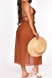 Khaki Sexy Solid Bandage Hollowed Out Patchwork Backless Halter Beach Dress