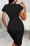 Black Fashion Solid Flounce V Neck Pencil Skirt Dresses