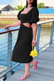 Black Fashion Solid Hollowed Out Square Collar Cake Skirt Dresses