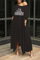 Black Casual Print Patchwork Asymmetrical Oblique Collar Irregular Dress Dresses