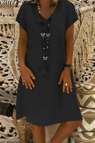 Black Fashion Casual Solid Basic V Neck Short Sleeve Dress