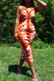 Orange Fashion Casual Print Basic Turndown Collar Sleeveless Dress