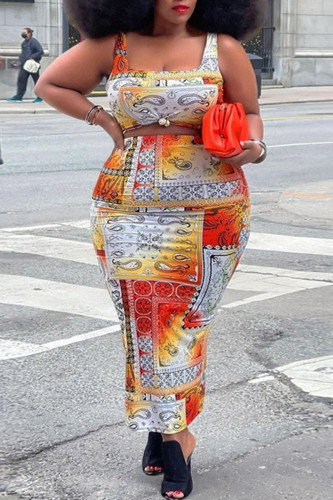 Orange Fashion Casual Print Slit U Neck Plus Size Two Pieces