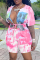 Pink Casual Print Tie-dye V Neck Short Sleeve Two Pieces