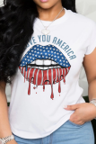 White Black American Flag Stars Street Lips Print  O Neck Short Sleeve Loose T Shirts