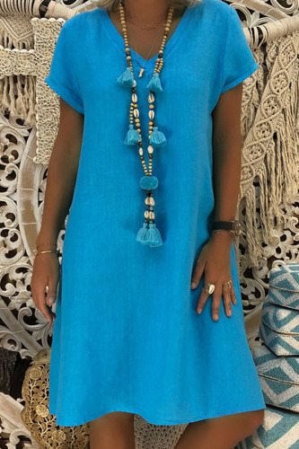 Blue Fashion Casual Solid Basic V Neck Short Sleeve Dress