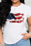 Red White American Flag Stars Street Lips Print  O Neck Short Sleeve Loose T Shirts