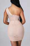 Pink Sexy Solid Mesh One Shoulder Pencil Skirt Dresses