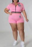 Pink Casual Print Patchwork Zipper Plus Size Two Pieces