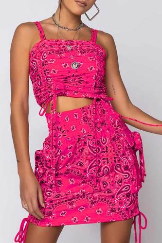 Rose Red Sexy Print Patchwork Frenulum Spaghetti Strap Sleeveless Two Pieces