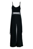 Black Casual Solid Patchwork Asymmetrical Spaghetti Strap Sleeveless Two Pieces