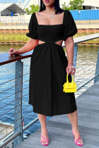 Black Fashion Solid Hollowed Out Square Collar Cake Skirt Dresses
