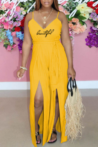 Yellow Casual Print Patchwork Slit Spaghetti Strap Straight Jumpsuits